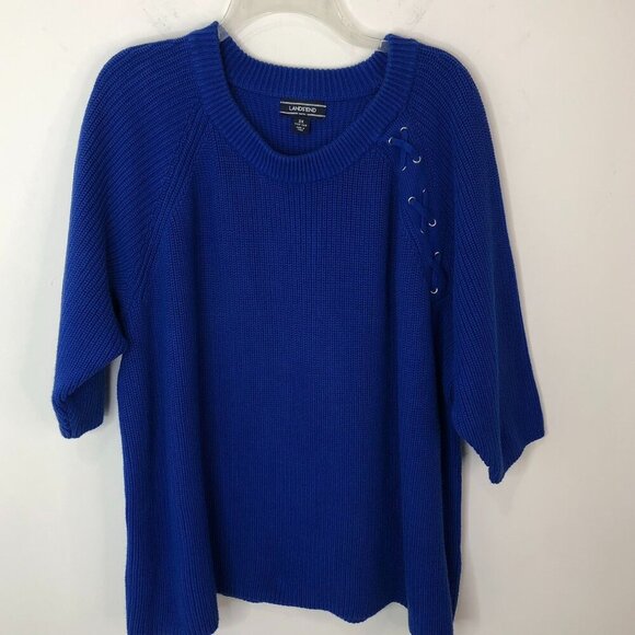Lands End Womens Blue Sweater With Lace-Up Detail Plus SIze 3X 100% Cotton - Picture 1 of 13